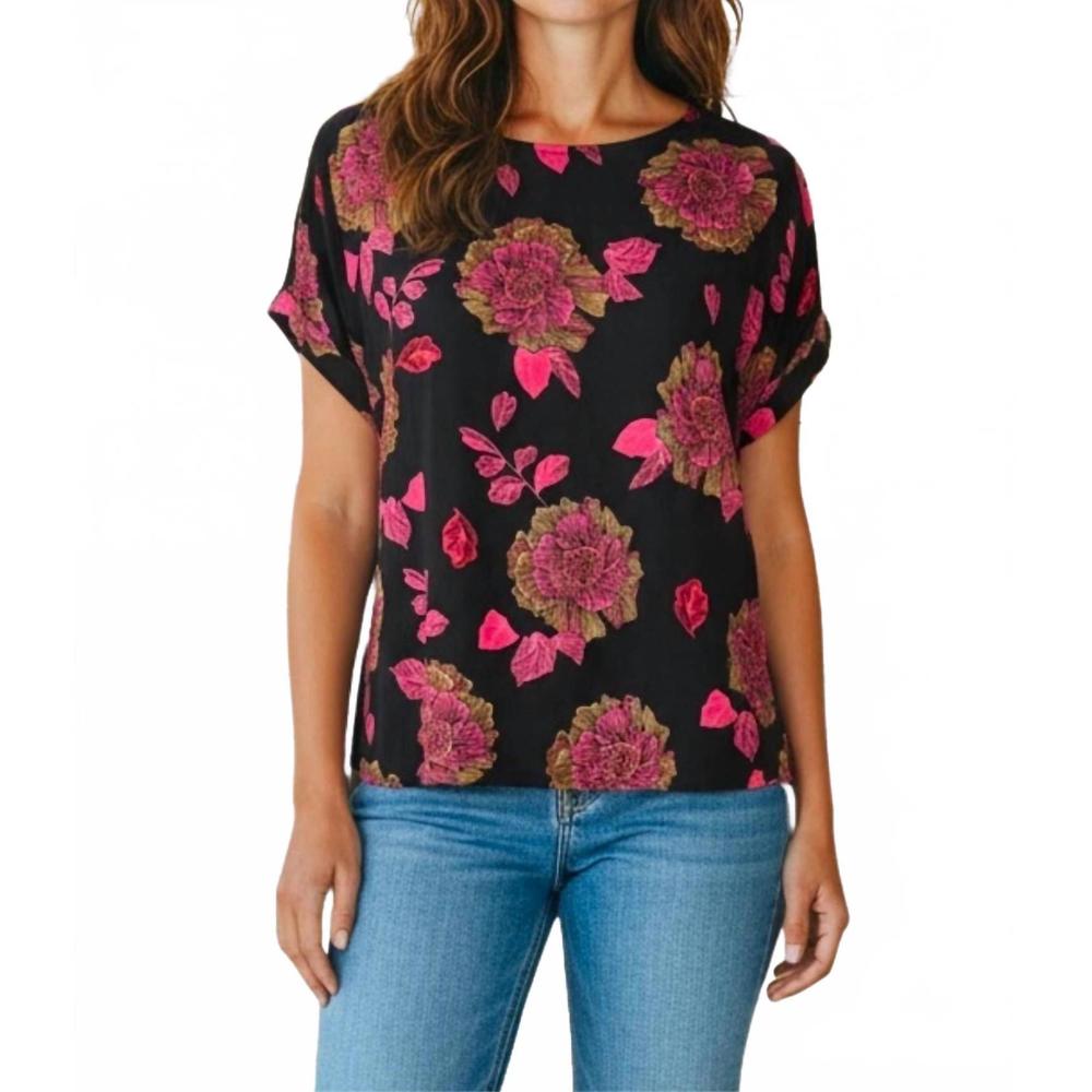 NEW DIVA USA floral print short sleeve blouse in black and pink